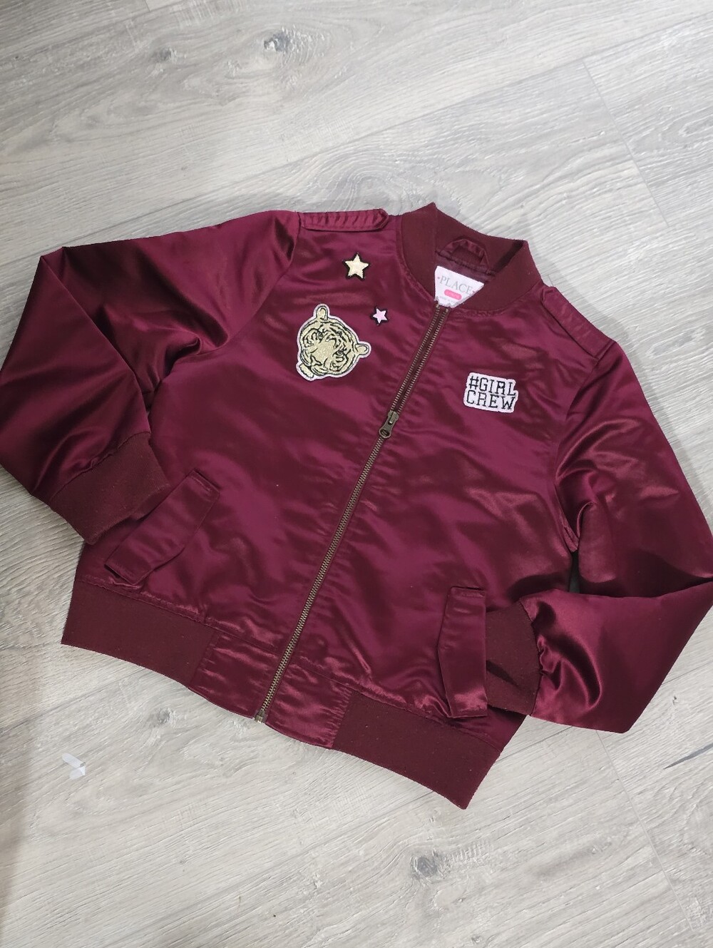 Place Girls Burgundy Satin Bomber Jacket with Patches